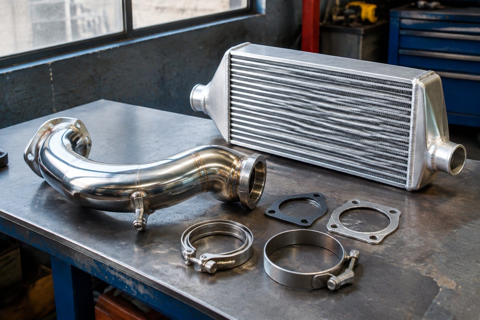 Downpipe de inox e intercooler de alumínio sobre a bancada da oficina