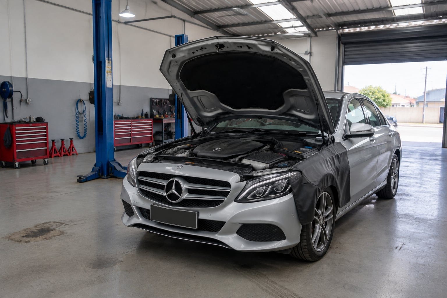 Mercedes-Benz Classe C com o capô aberto na oficina
