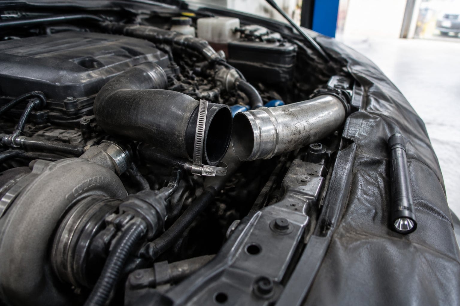 Mangueira de pressão do turbo solta no motor durante o diagnóstico