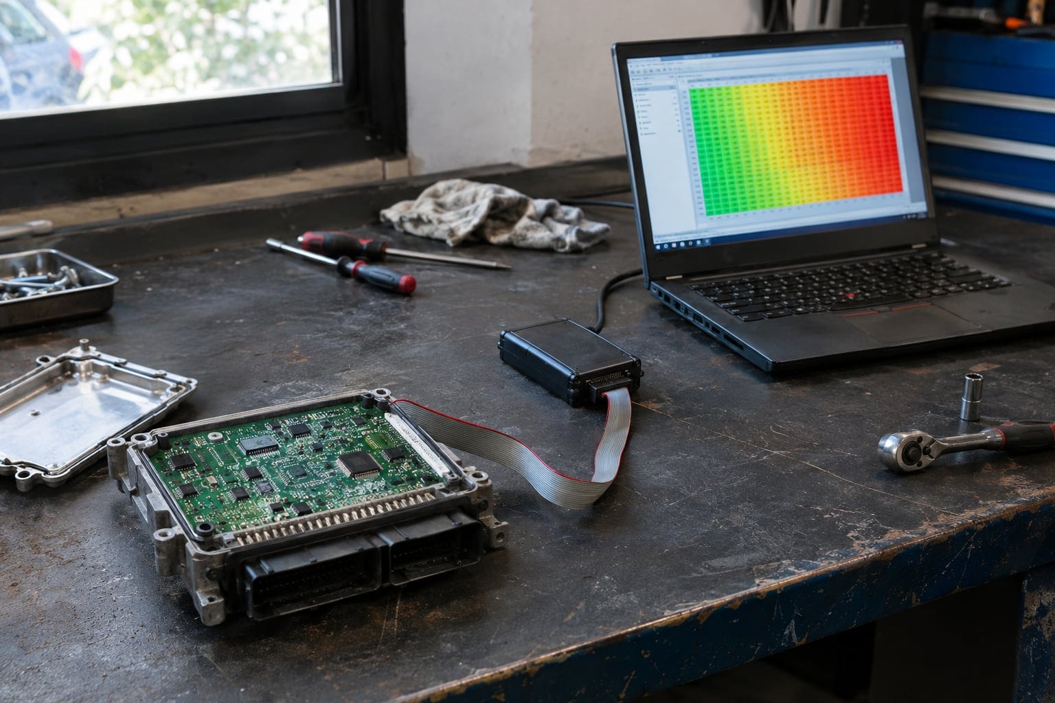 Central eletrônica do motor aberta ao lado de um notebook com a tabela de mapa na tela