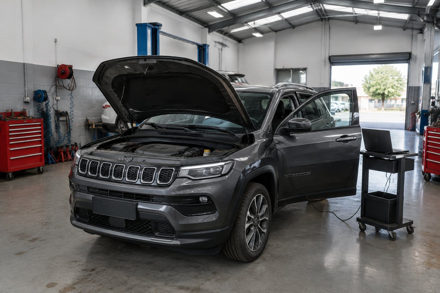 Jeep Compass com o capô aberto e notebook conectado para o remap