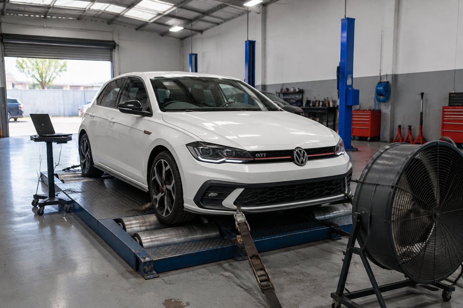 Volkswagen Polo no dinamômetro para a medição antes do remap