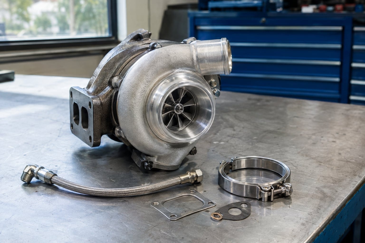 Turbina nova de alta performance sobre a bancada com linhas de óleo e juntas