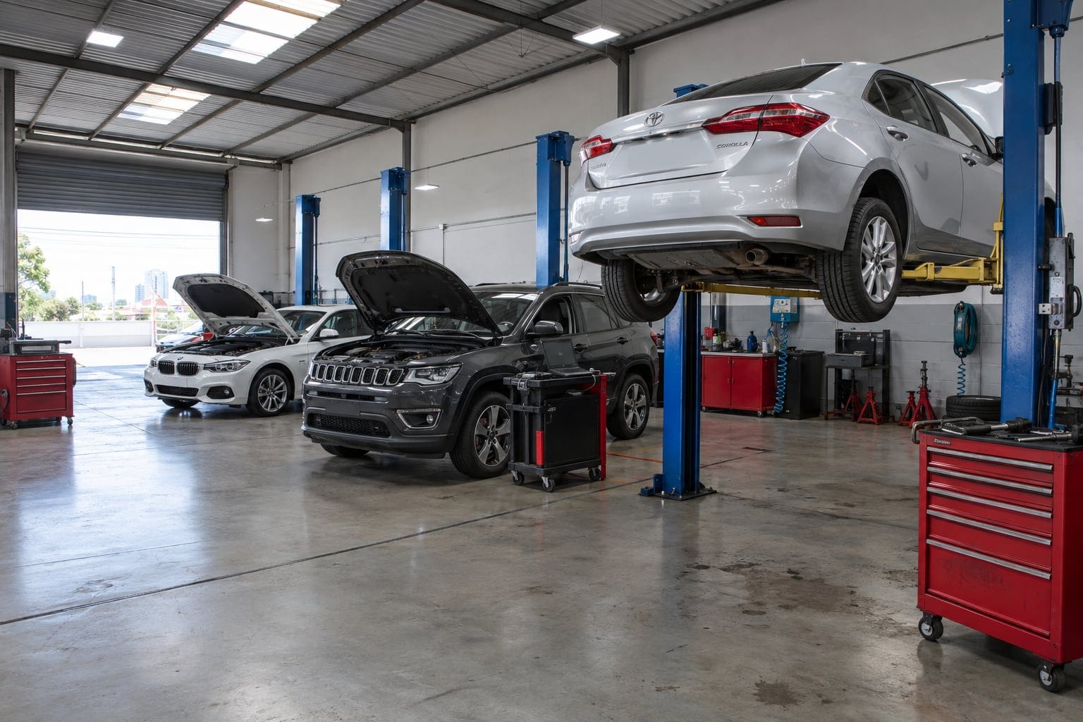Corolla, Compass e BMW em manutenção na oficina
